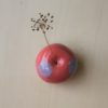 immagine di mela campanina artigianale in ceramica color rosso vermiglio con poi s grandi color celeste, rametto secco, variante Zofia